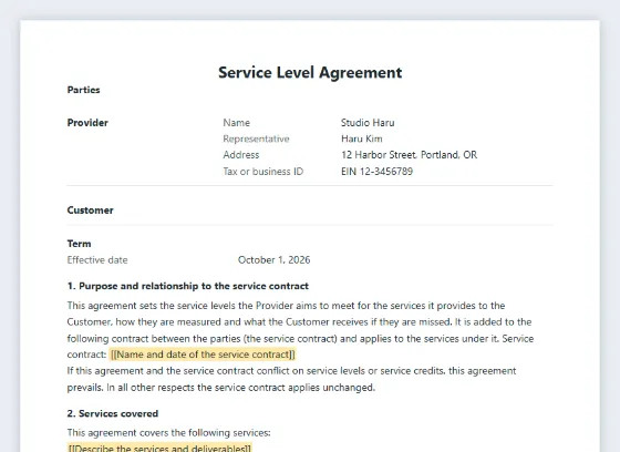 First page of the Service level agreement (SLA) sample, with the blanks to fill in marked