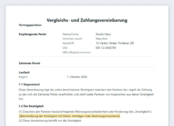 Erste Seite des Musters „Vergleichs- und Zahlungsvereinbarung“ mit markierten Lücken zum Ausfüllen