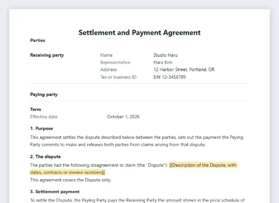 First page of the Settlement and payment commitment agreement sample, with the blanks to fill in marked