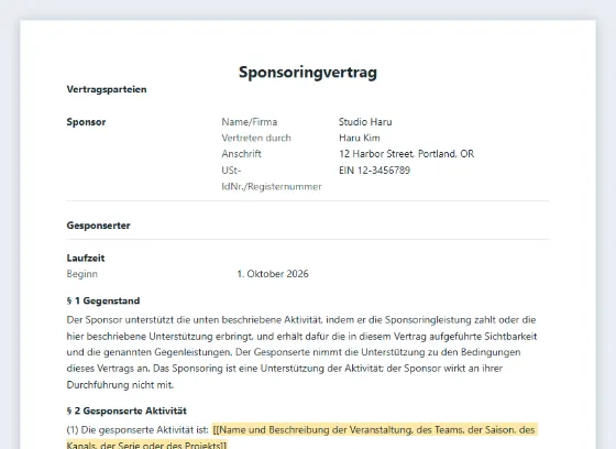 Erste Seite des Musters „Sponsoringvertrag (Veranstaltung, Team, Inhalte)“ mit markierten Lücken zum Ausfüllen