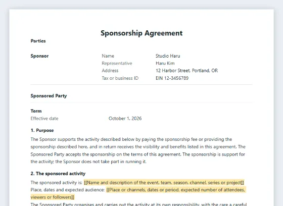 First page of the Sponsorship agreement (event, team or content) sample, with the blanks to fill in marked
