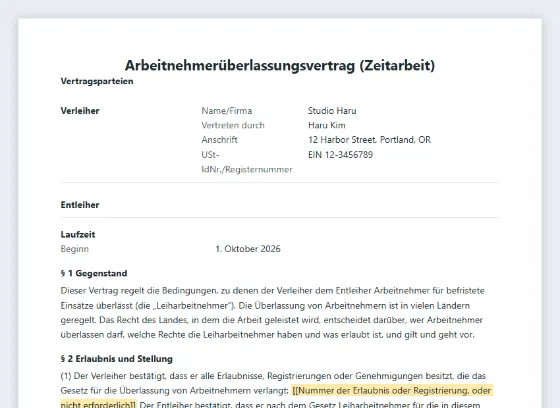 Erste Seite des Musters „Arbeitnehmerüberlassungsvertrag (Zeitarbeit)“ mit markierten Lücken zum Ausfüllen