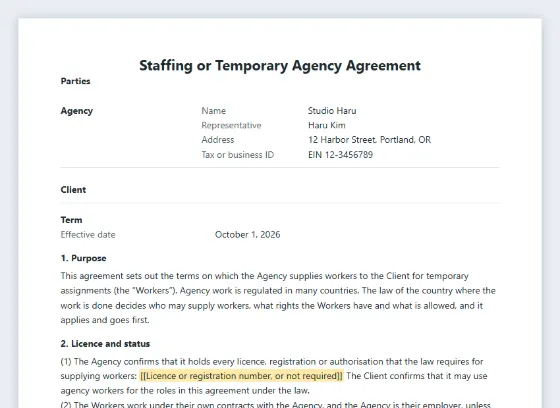 First page of the Staffing or temporary agency agreement sample, with the blanks to fill in marked