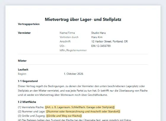 Erste Seite des Musters „Mietvertrag über Lager- und Stellplatz“ mit markierten Lücken zum Ausfüllen