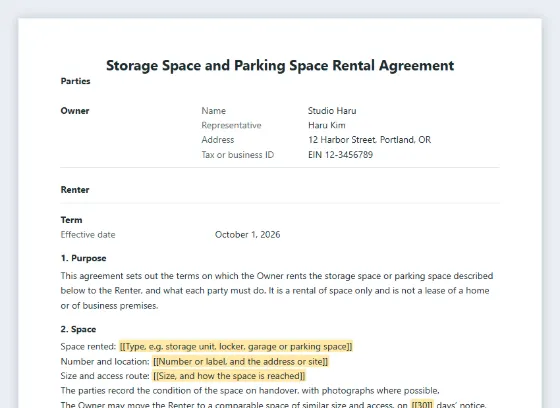 First page of the Storage space and parking space rental agreement sample, with the blanks to fill in marked