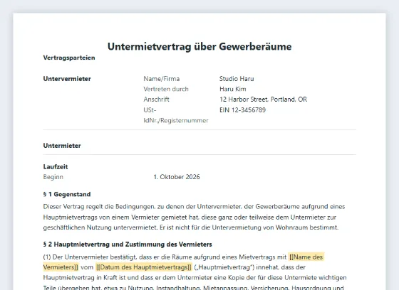 Erste Seite des Musters „Untermietvertrag über Gewerberäume (Büro, Atelier, Lager)“ mit markierten Lücken zum Ausfüllen
