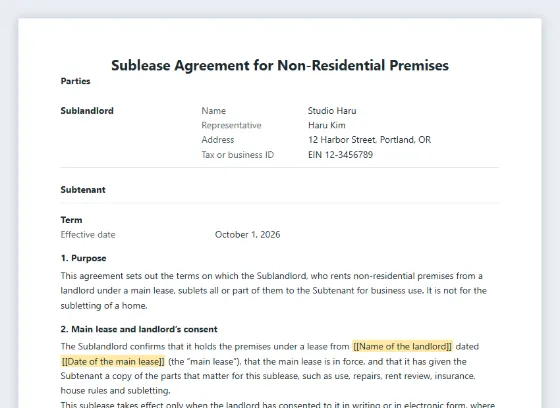 First page of the Sublease agreement for non-residential premises sample, with the blanks to fill in marked