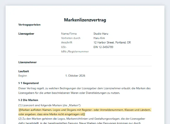 Erste Seite des Musters „Markenlizenzvertrag (Brand-Lizenz)“ mit markierten Lücken zum Ausfüllen