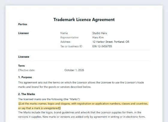 First page of the Trademark or brand licence agreement sample, with the blanks to fill in marked
