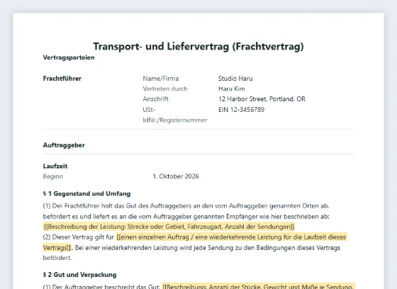 Erste Seite des Musters „Transport- und Liefervertrag (Frachtvertrag)“ mit markierten Lücken zum Ausfüllen