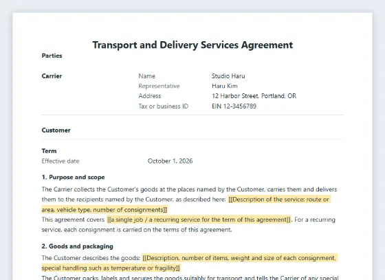 First page of the Transport and delivery services agreement sample, with the blanks to fill in marked