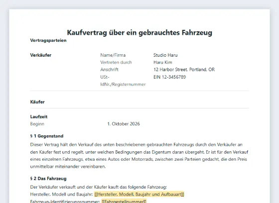 Erste Seite des Musters „Kaufvertrag über ein gebrauchtes Fahrzeug (Auto, Motorrad)“ mit markierten Lücken zum Ausfüllen