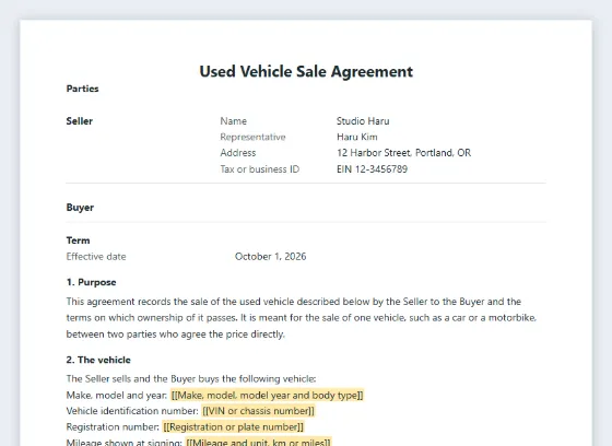 First page of the Used vehicle sale agreement (car or motorbike) sample, with the blanks to fill in marked