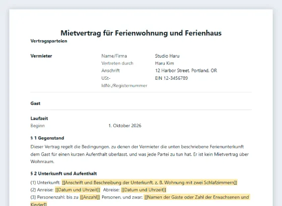 Erste Seite des Musters „Mietvertrag für Ferienwohnung und Ferienhaus“ mit markierten Lücken zum Ausfüllen