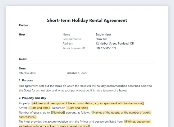 First page of the Short-term holiday rental agreement sample, with the blanks to fill in marked