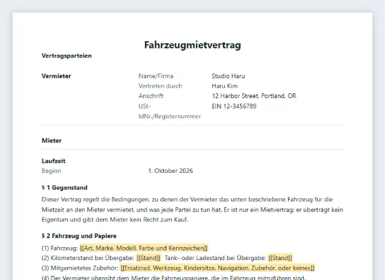 Erste Seite des Musters „Fahrzeugmietvertrag (Auto, Transporter, Motorrad)“ mit markierten Lücken zum Ausfüllen