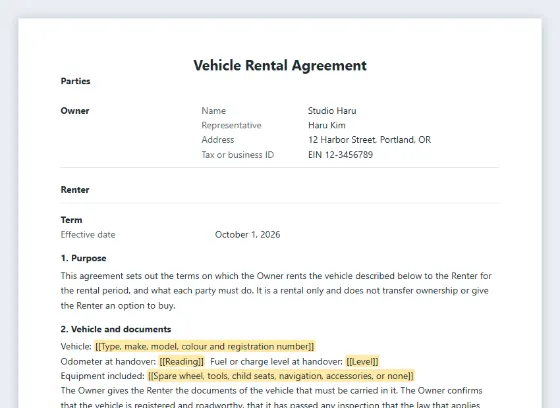 First page of the Vehicle rental agreement (car, van, motorbike) sample, with the blanks to fill in marked