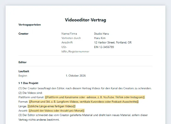 Erste Seite des Musters „Videoeditor-Vertrag (YouTube, TikTok, Kurzvideos)“ mit markierten Lücken zum Ausfüllen