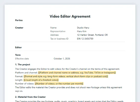 First page of the Video editor agreement (YouTube, TikTok, short-form) sample, with the blanks to fill in marked