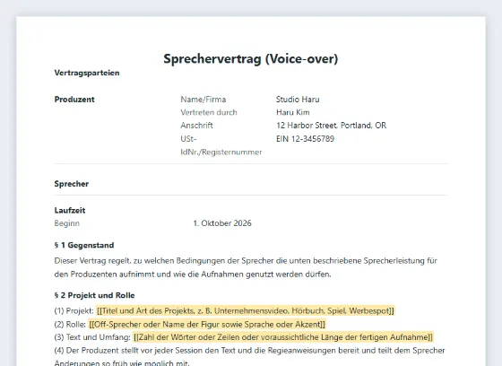 Erste Seite des Musters „Sprechervertrag (Voice-over)“ mit markierten Lücken zum Ausfüllen