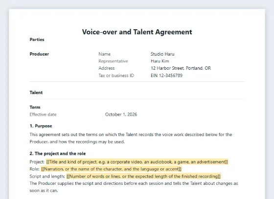 First page of the Voice-over and talent agreement sample, with the blanks to fill in marked