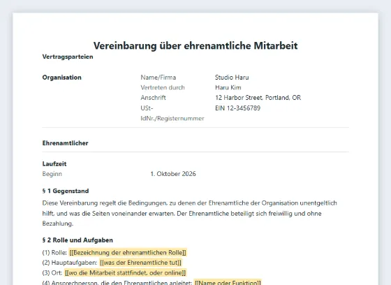 Erste Seite des Musters „Vereinbarung über ehrenamtliche Mitarbeit (Ehrenamt)“ mit markierten Lücken zum Ausfüllen