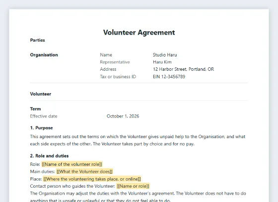 First page of the Volunteer agreement (unpaid help for an organisation) sample, with the blanks to fill in marked