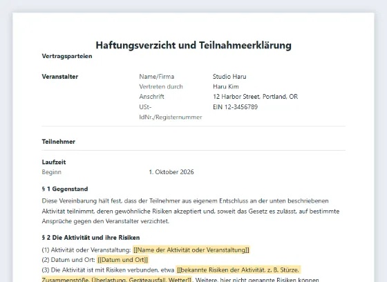 Erste Seite des Musters „Haftungsverzicht für Veranstaltungen und Aktivitäten“ mit markierten Lücken zum Ausfüllen