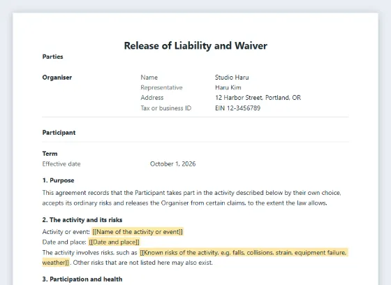 First page of the Release of liability and waiver (events, activities) sample, with the blanks to fill in marked
