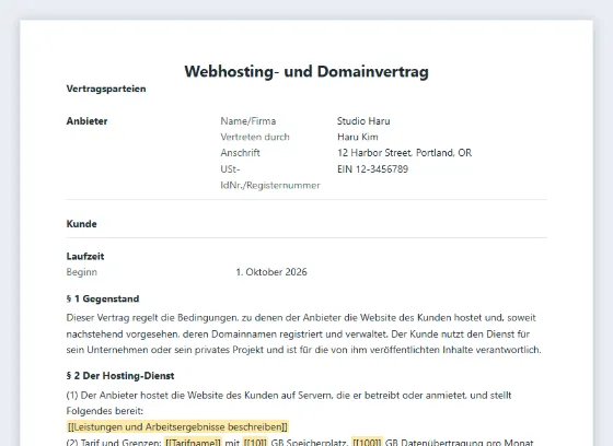 Erste Seite des Musters „Webhosting- und Domainvertrag“ mit markierten Lücken zum Ausfüllen