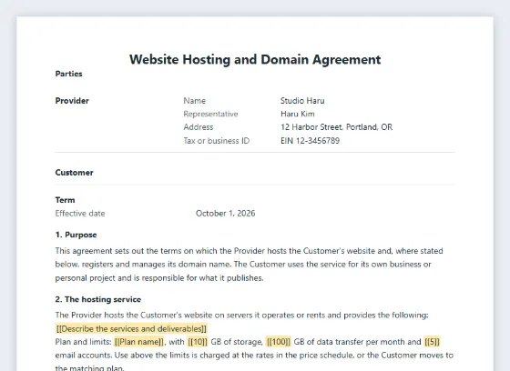 First page of the Website hosting and domain agreement sample, with the blanks to fill in marked
