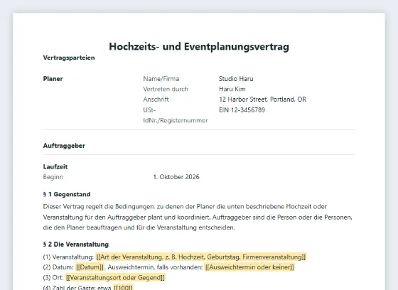 Erste Seite des Musters „Hochzeits- und Eventplanungsvertrag“ mit markierten Lücken zum Ausfüllen