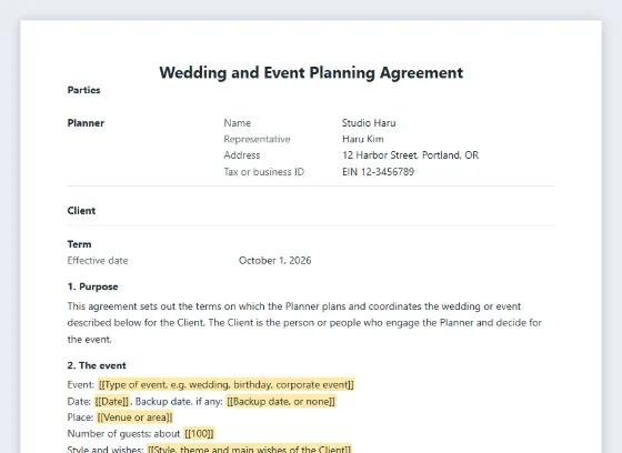 First page of the Wedding and event planning agreement sample, with the blanks to fill in marked