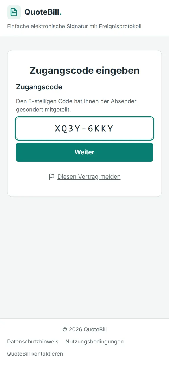 Das Handy fragt nach dem 8-stelligen Zugangscode, den der Absender getrennt mitgeteilt hat; der Code steht im Feld, darunter die Schaltfläche „Weiter“.