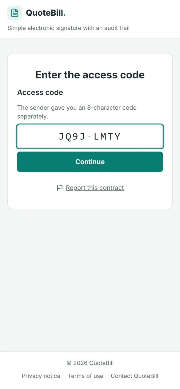 The phone asks for the 8-character access code that the sender gave separately; a code is typed in the box above the Continue button.