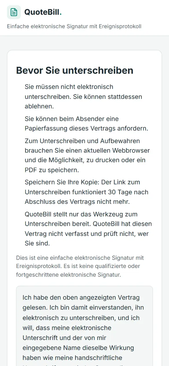 Die Seite „Bevor Sie unterschreiben“: In einfachen Worten steht, dass man ablehnen oder eine Papierfassung verlangen kann und dass es sich um eine einfache elektronische Signatur handelt; darunter der Einwilligungstext.