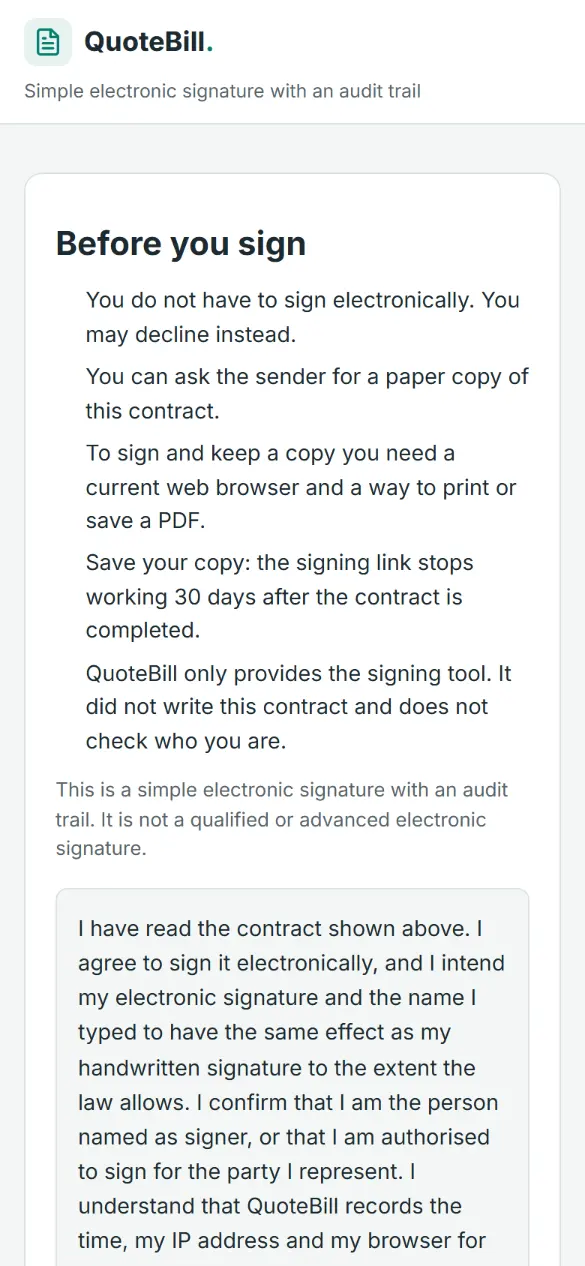 The “Before you sign” screen: in plain words it says the client may decline or ask for a paper copy and that this is a simple electronic signature, followed by the consent text.