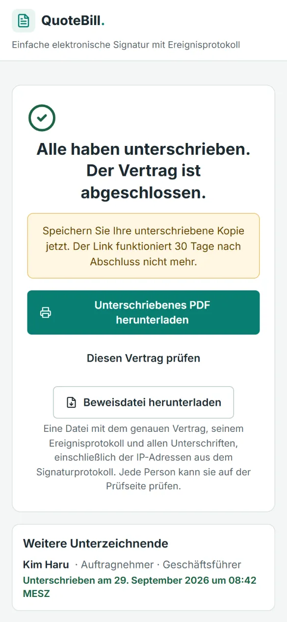 Der letzte Handy-Bildschirm: „Alle haben unterschrieben. Der Vertrag ist abgeschlossen.“ mit Schaltflächen für das unterschriebene PDF, die Prüfung des Vertrags und die Beweisdatei sowie der Liste der weiteren Unterzeichnenden.