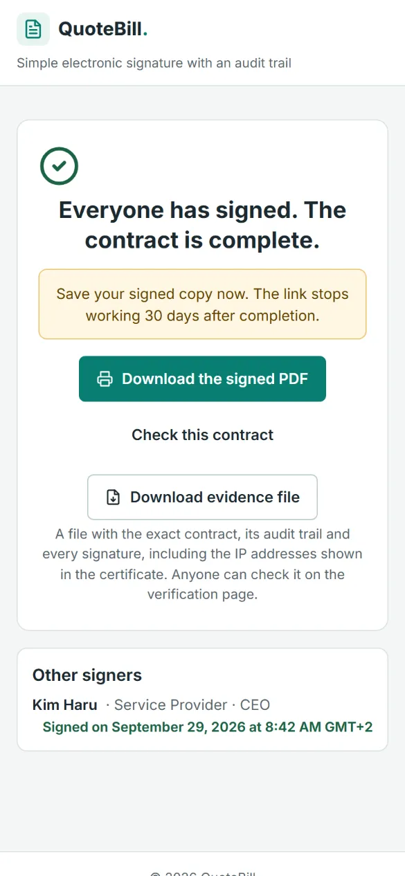The last phone screen: “Everyone has signed. The contract is complete.”, with buttons for the signed PDF, checking the contract and the evidence file, and the list of the other signers.