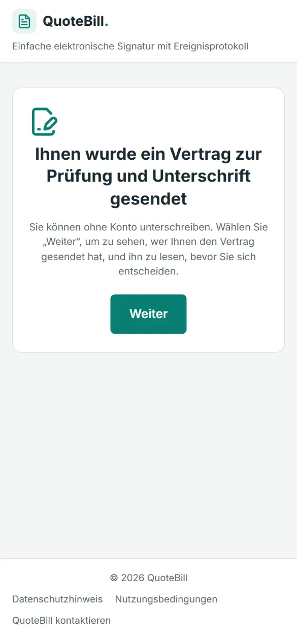 Der erste Bildschirm auf dem Handy des Vertragspartners: „Ihnen wurde ein Vertrag zur Prüfung und Unterschrift gesendet“, der Hinweis, dass kein Konto nötig ist, und die Schaltfläche „Weiter“.