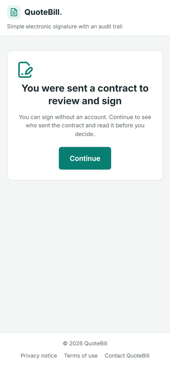 The first screen on the client’s phone: “You were sent a contract to review and sign”, a note that no account is needed, and a Continue button.