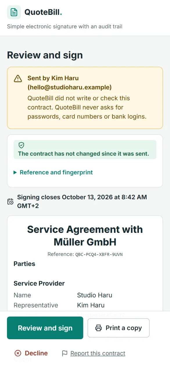 The contract on the phone before signing: who sent it, a green note that it has not changed since it was sent, the signing deadline, the start of the contract and buttons to review and sign, print or decline.
