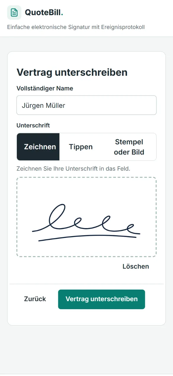 Der Vertragspartner hat auf dem Handy eine Unterschrift ins Feld gezeichnet; der Name ist ausgefüllt, die Reiter „Zeichnen“, „Tippen“ und „Stempel oder Bild“ und die Schaltfläche „Vertrag unterschreiben“ sind zu sehen.