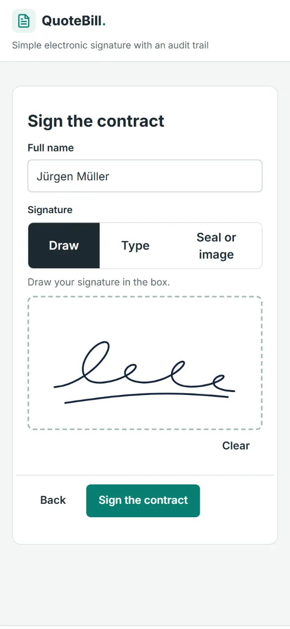 The client has drawn a signature in the signature box on the phone; the name is filled in, the tabs offer Draw, Type or Seal or image, and the Sign the contract button is ready.