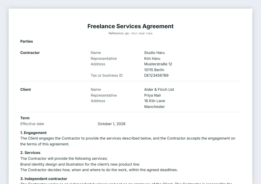 First page of the Freelance or consulting agreement sample