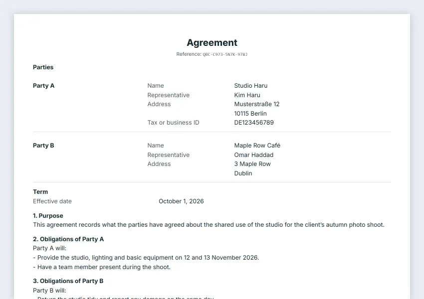 First page of the Simple general contract sample