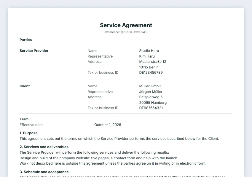 First page of the Service agreement sample