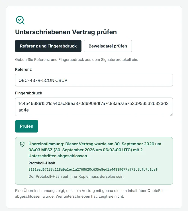 Öffentliche Prüfseite nach einer Übereinstimmung: Ein grüner Kasten meldet, dass ein Vertrag mit genau diesem Inhalt mit zwei Unterschriften abgeschlossen wurde, und zeigt den Protokoll-Hash, ohne die Unterzeichnenden zu nennen.