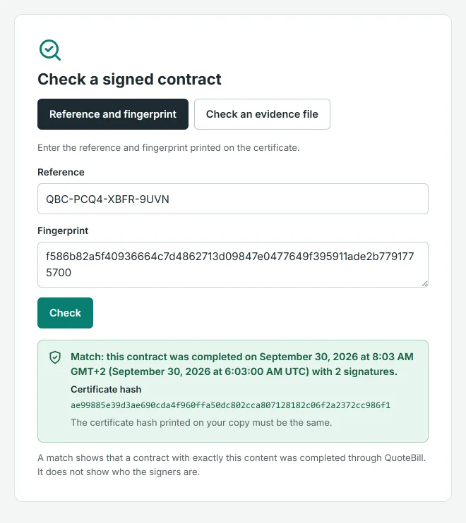 The public check page after a match: reference and fingerprint are entered, and a green box says a contract with exactly this content was completed with two signatures and shows the certificate hash, without naming the signers.