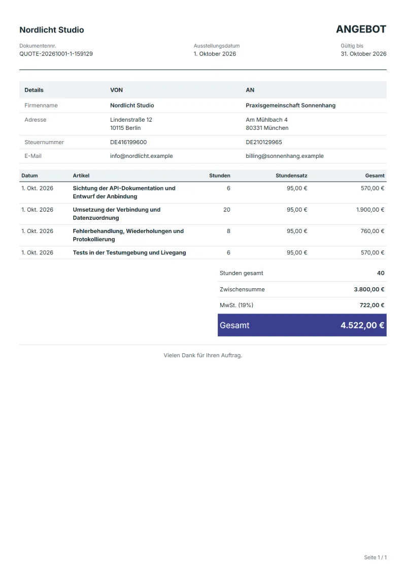 Angebot für API-Anbindungen (kostenlos): ausgefülltes Beispiel mit Datum, Stunden, Stundensätzen und Gesamtbetrag